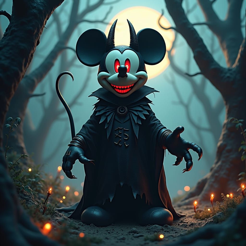 Mickey Mouse as a demon, with horns and an evil smile.