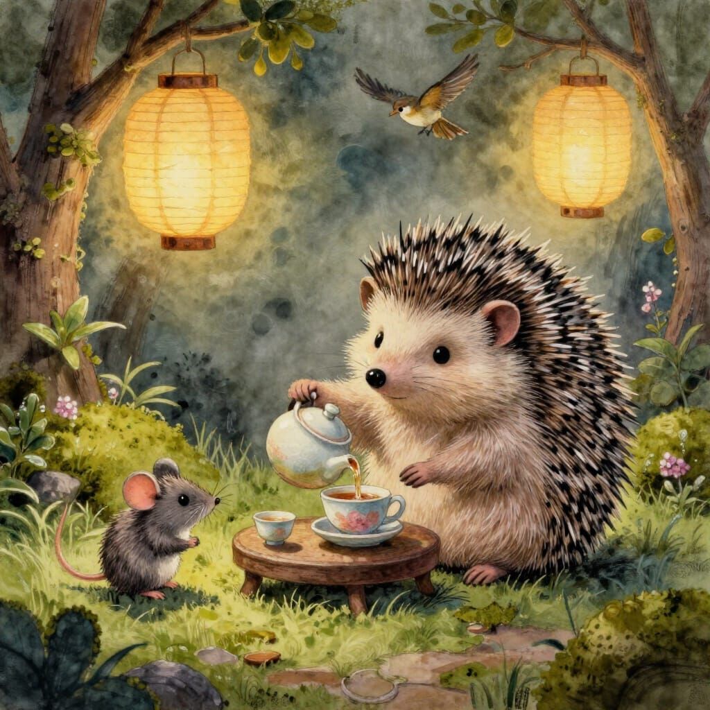 Chibi Hedgehog Tea Ceremony in Mossy Garden