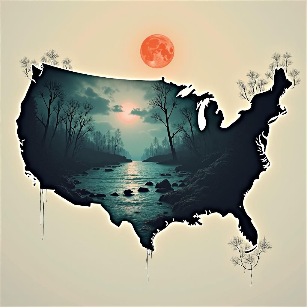 Inverted US Map in Dreamlike, Surreal Style
