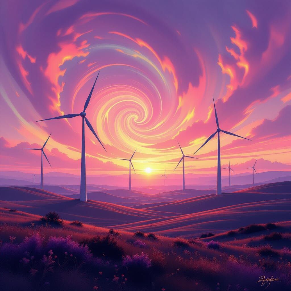 Mysterious Pink and Gold Landscape with Wind Turbines