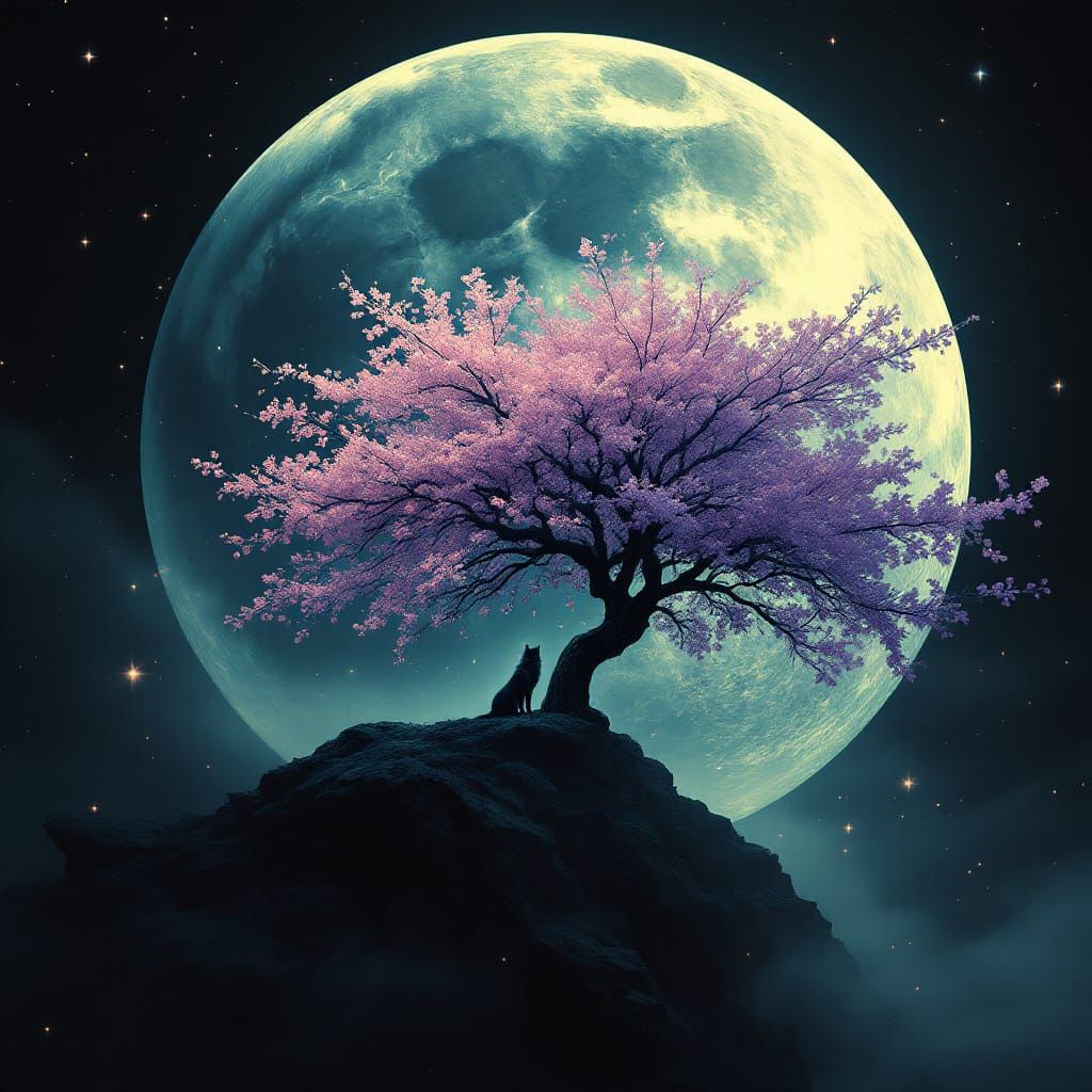 Surreal Moonscape with Lone Wolf and Luminous Tree