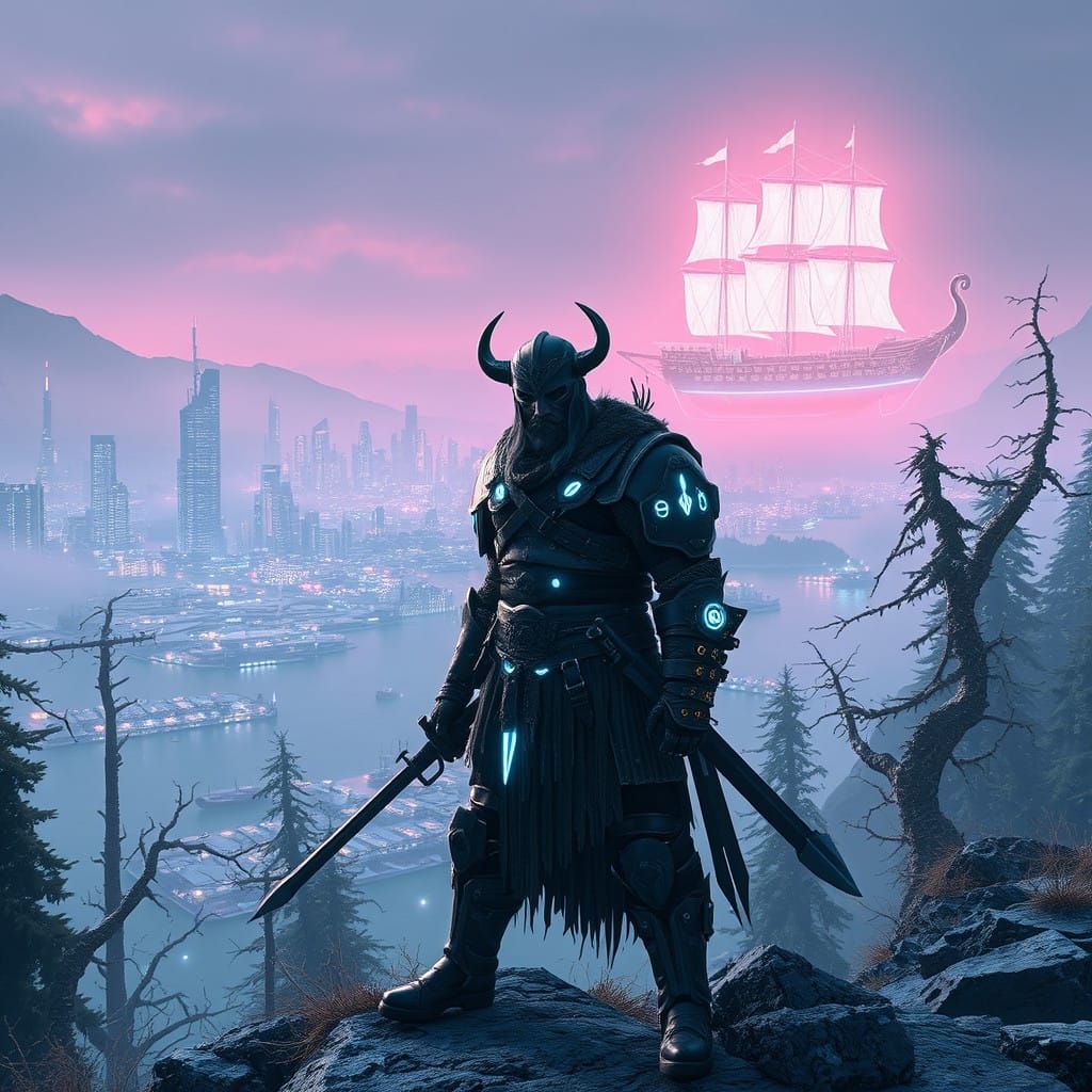 Cyberpunk Viking Warrior Guardians of a Futuristic Fjord