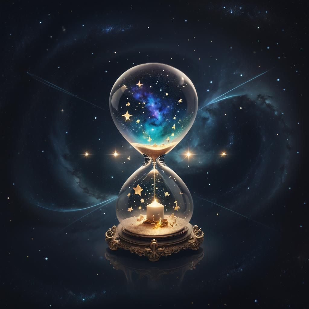 Surreal Cosmic Hourglass with Twinkling Stars and Celestial....