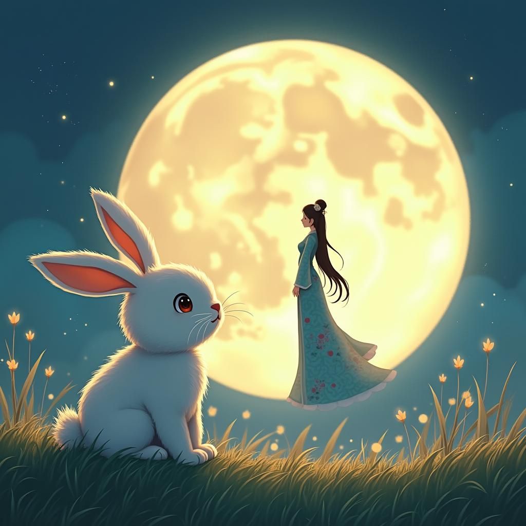 Rabbit Gazing at Woman on the Moon in Cartoon Style