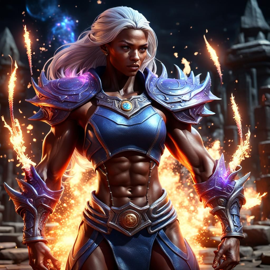 Powerful Woman Wizard in Alchemist's Lab with Explosions