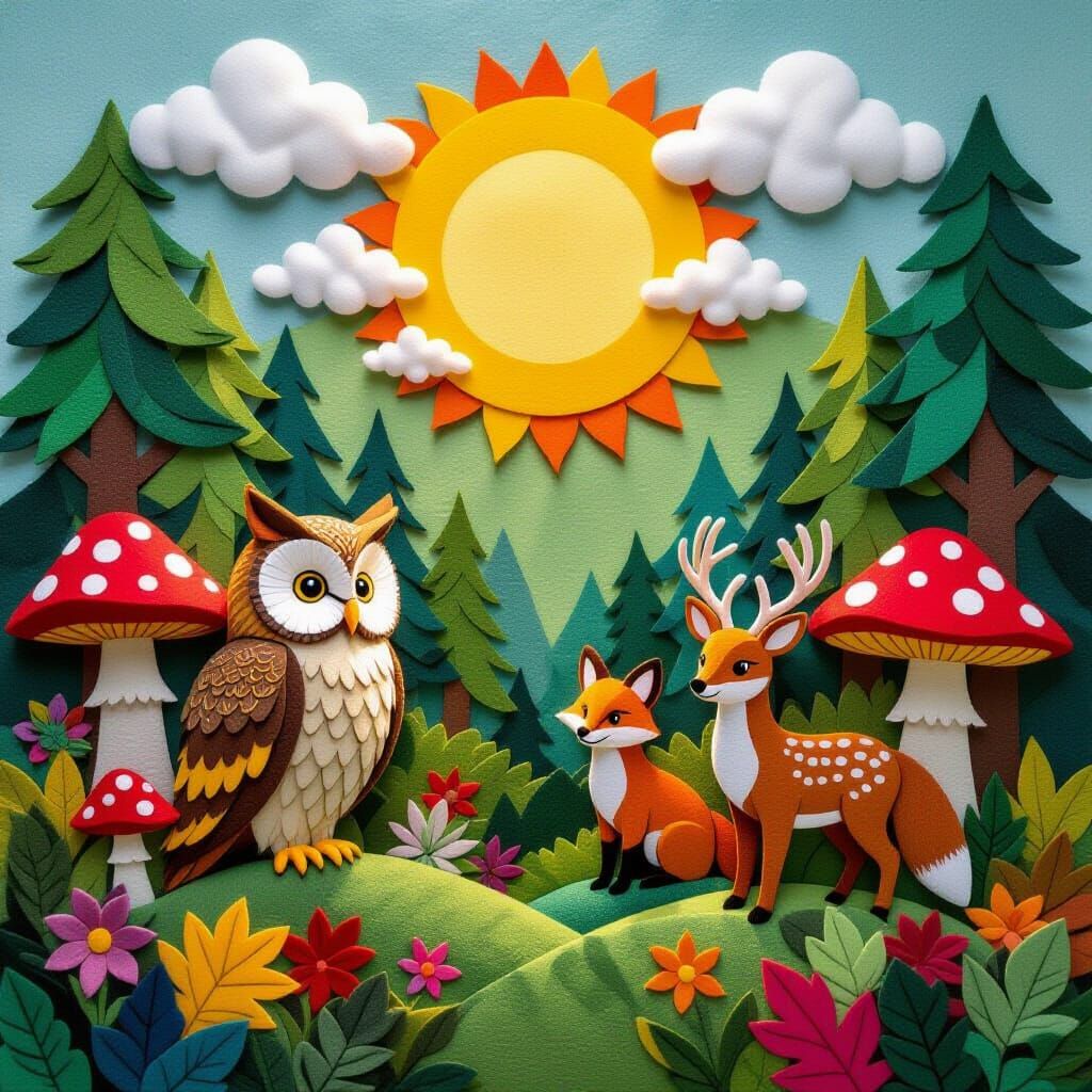 Hyperrealistic Felt Forest Art Installation at Sunrise