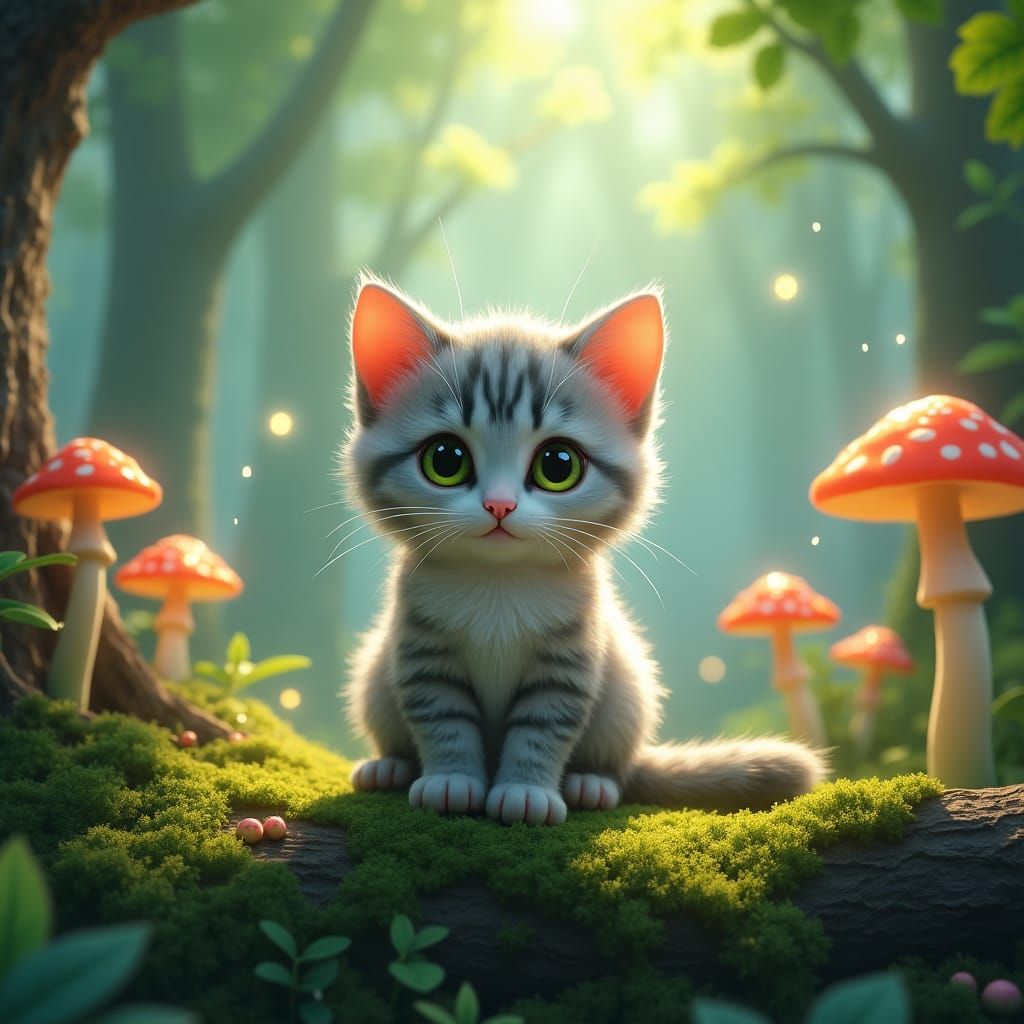 Silver Tabby Kitten in Enchanted Forest, 3D Anime Art