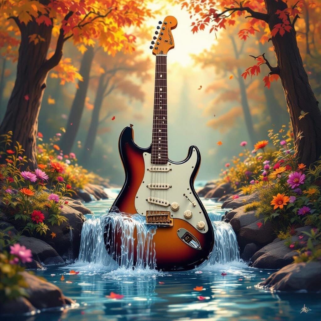 a guitar with a waterfall in the middle of it surrounded by ...