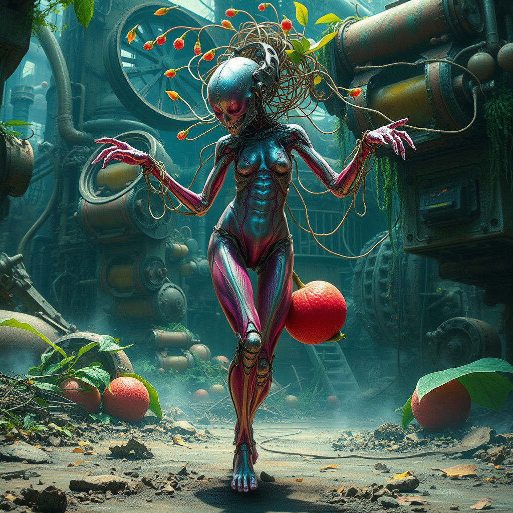 Biopunk Lychee Humanoid Dance in Overgrown Landscape