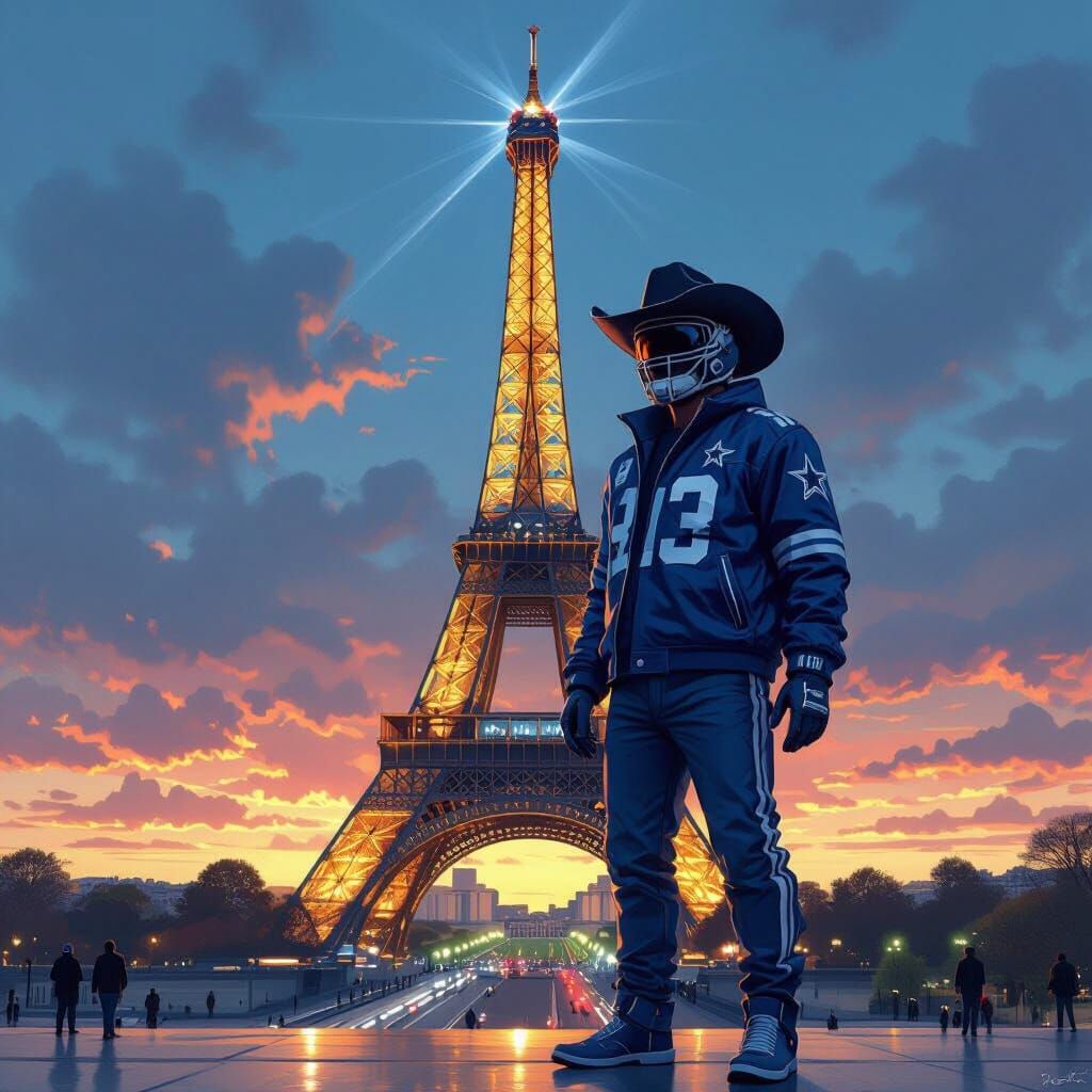 Eiffel Tower with Dallas Cowboys Fan in Futuristic Style