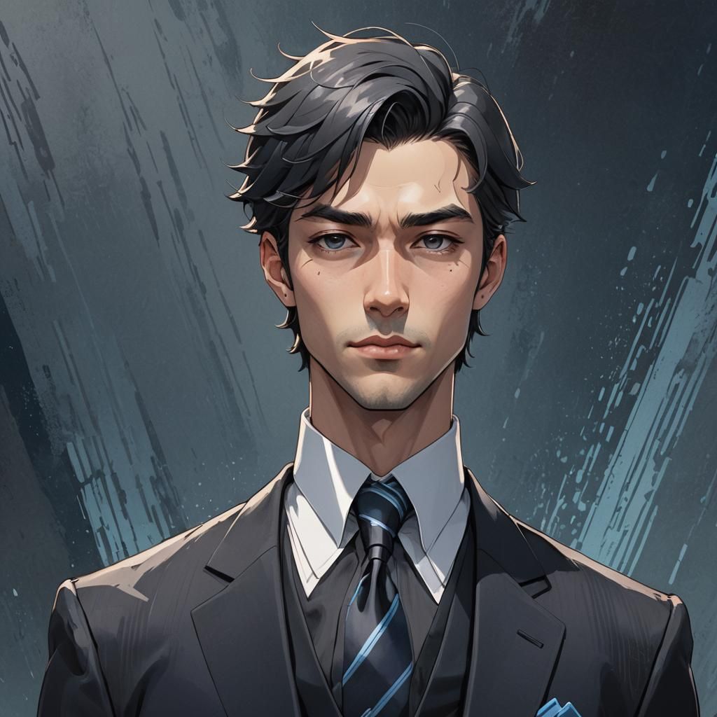 Anime Character in Black Suit: Digital Portrait