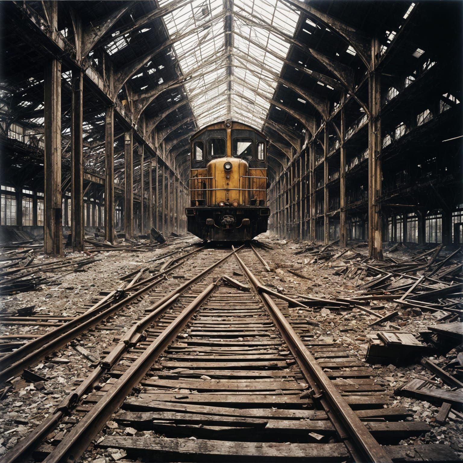 Devastation of Abandoned Freight Yard in Postwar Style