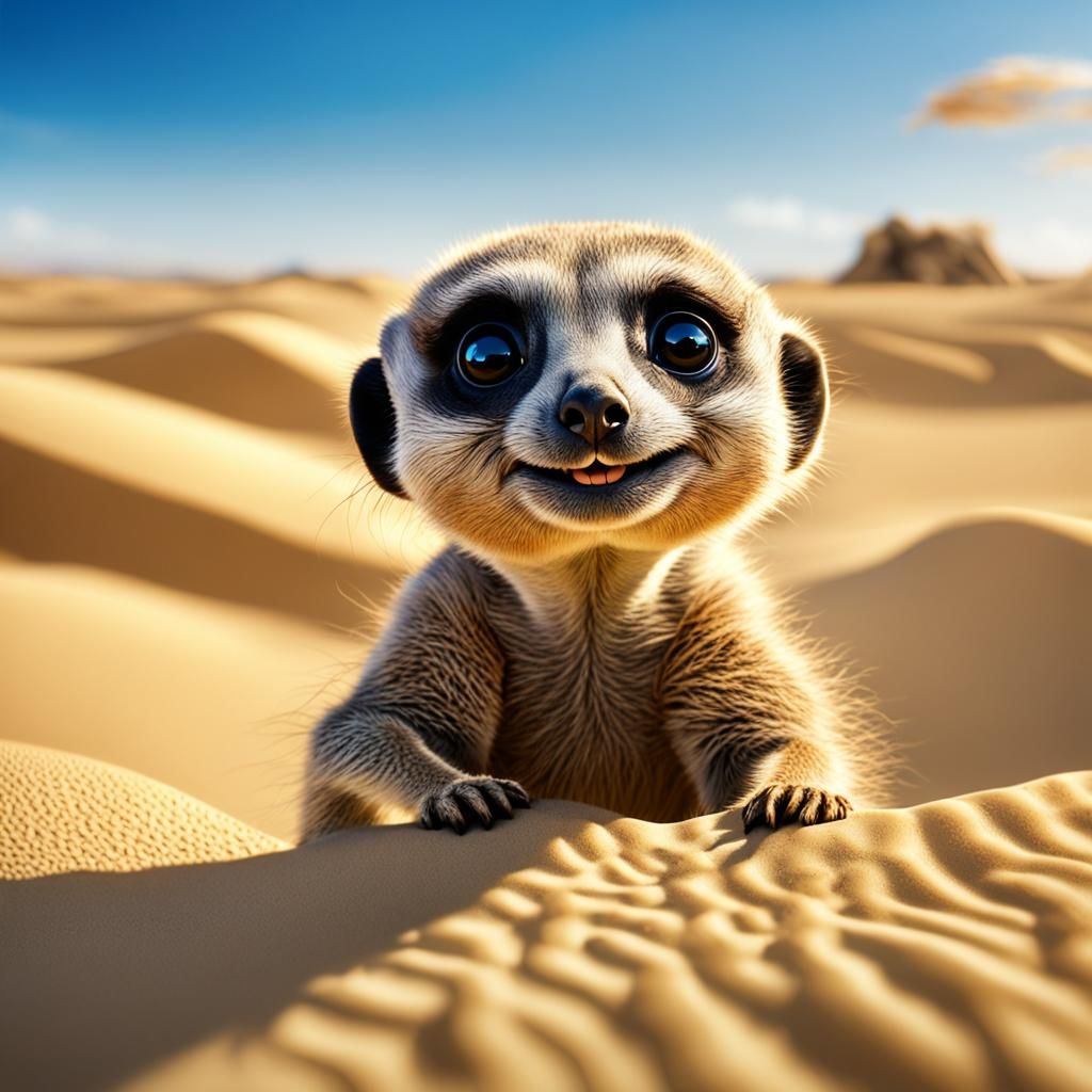 Cute Baby Meerkat Laughing in Desert Landscape
