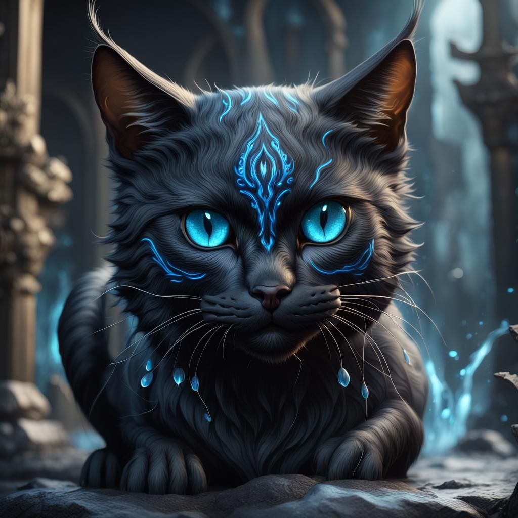 Blue-Eyed Black Cat: Detailed Fantasy Painting