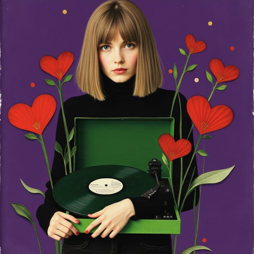 Woman with Green Record Player in Collage Style