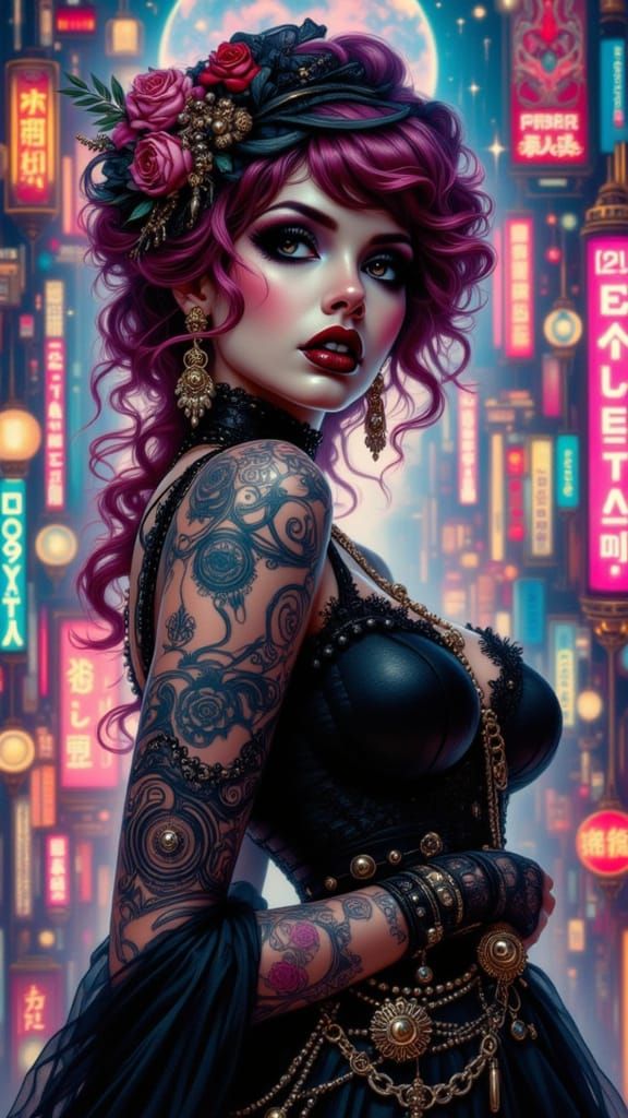 Art Nouveau Steampunk Woman in Neon City