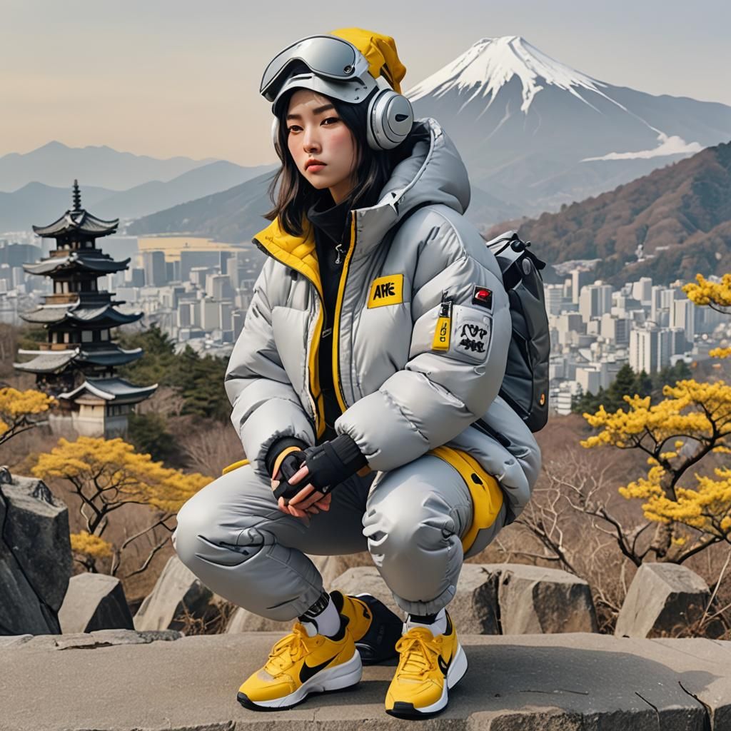 a robot woman with streetwear style, wearing a light grey pu...