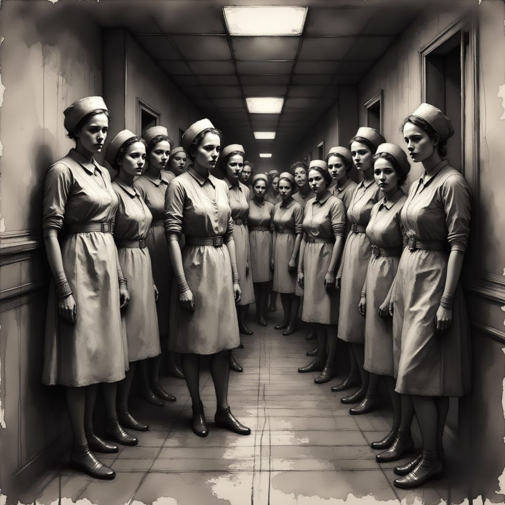 Intimidating 1940s Nurses in Charcoal Drawing
