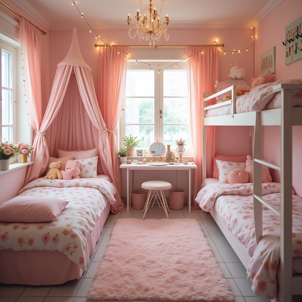 Pastel Bunkbeds Room with Floral Decor and Fairy Lights