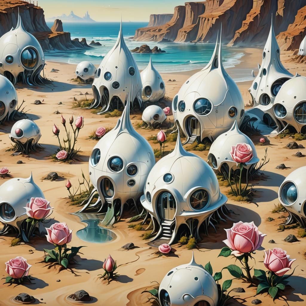 Surreal Futuristic Rosebud Houses on Alien Shore