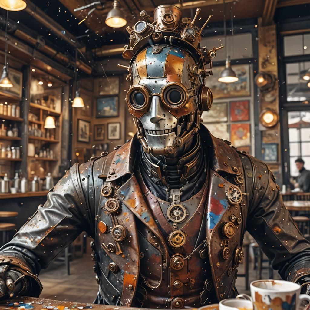 Steampunk Metal Man in Cafe, Detailed 3D Render