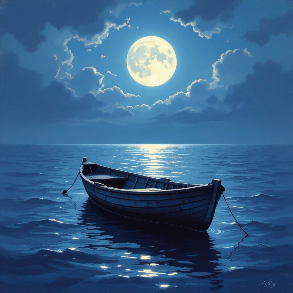 Lone Rowboat on Dark Ocean Under Full Moon