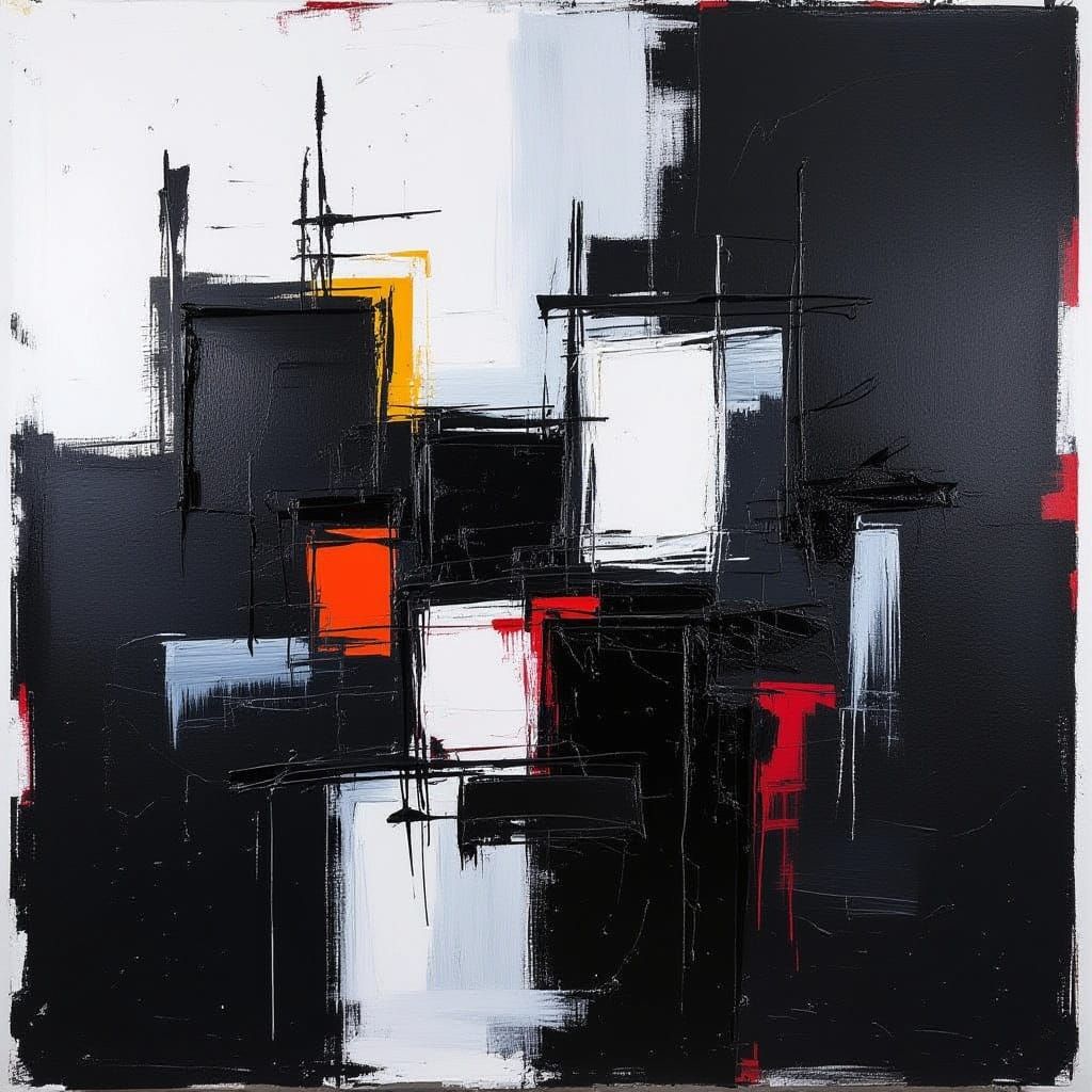 Abstract Expressionist Painting: Black & White Oil on Canvas