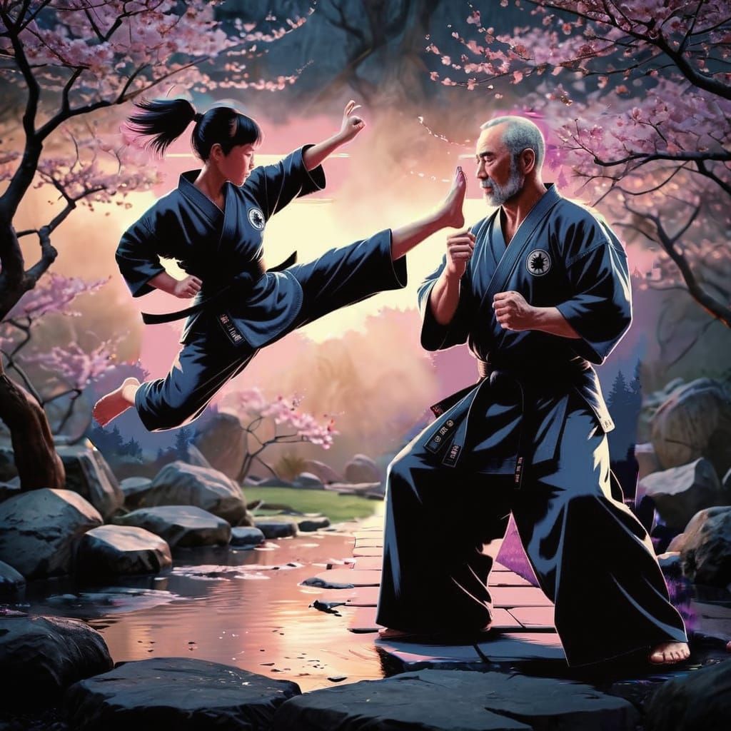 Karate Kick in Japanese Cherry Blossom Garden