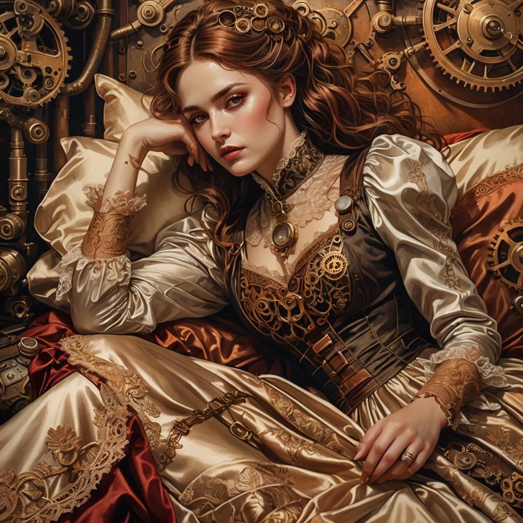 Steampunk Woman in Victorian Dress on Silk Sheets