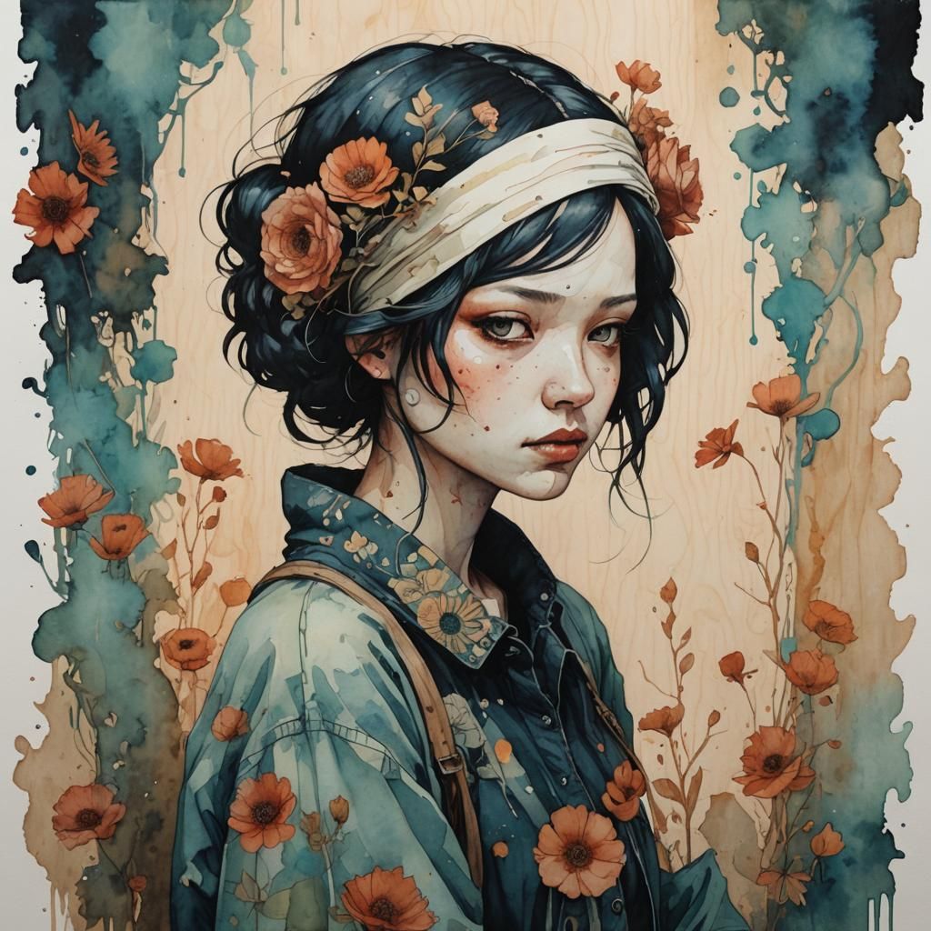 Dystopian Carpenter Portrait in Watercolor Style