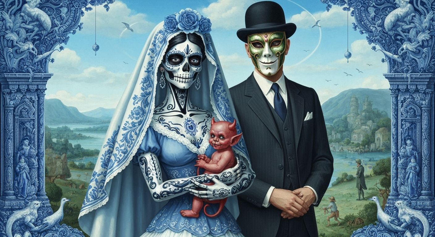 Catrina Holding Devil in Surreal Mexican Landscape