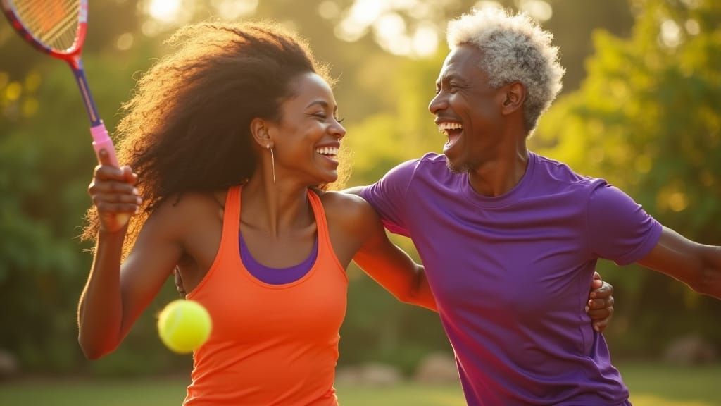 Joyful Middle Age Couple in Vibrant Sports Attire