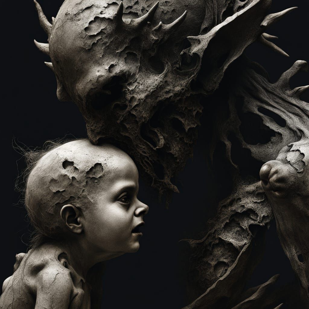 Grotesque Mythic Figure Devouring Child: Dark Surrealism