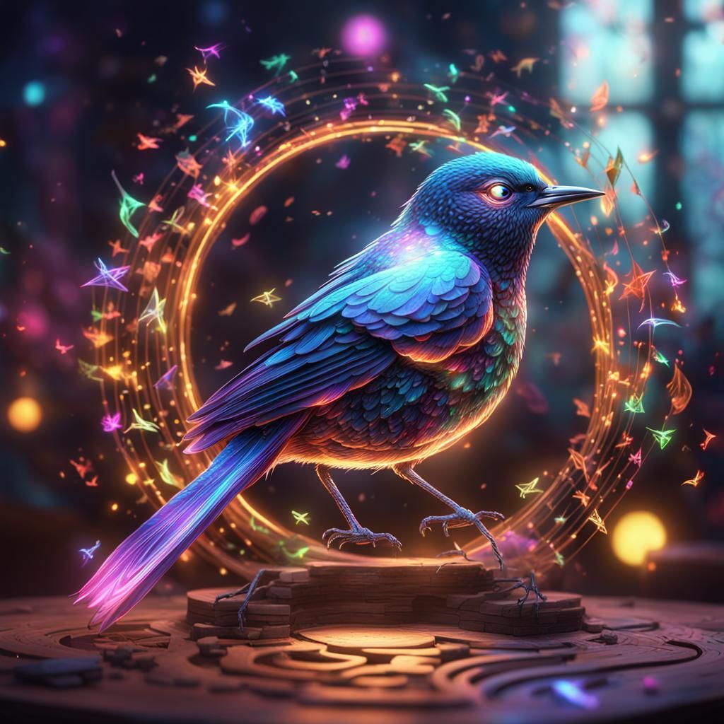 Holographic Songbird Exhaling Musical Notes