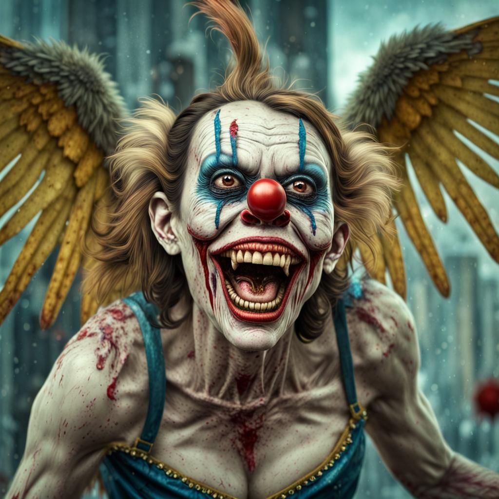 Hyperrealistic Zombie Clown Woman with Wings