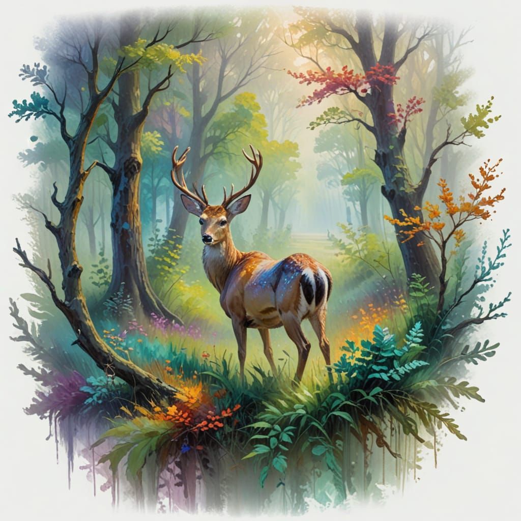 Surrealistic Deer in a Foggy Woodland Landscape