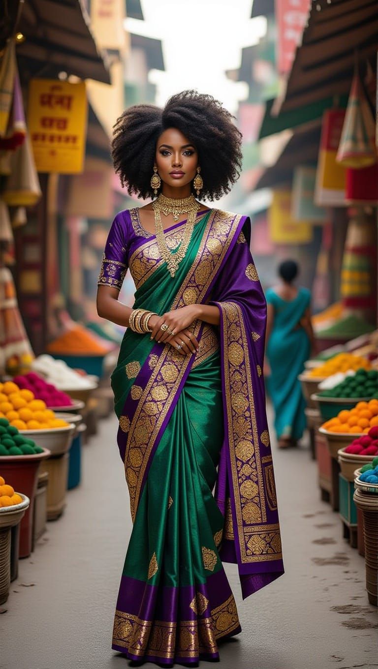 African American Woman in Sari, Impasto Expressionist Style