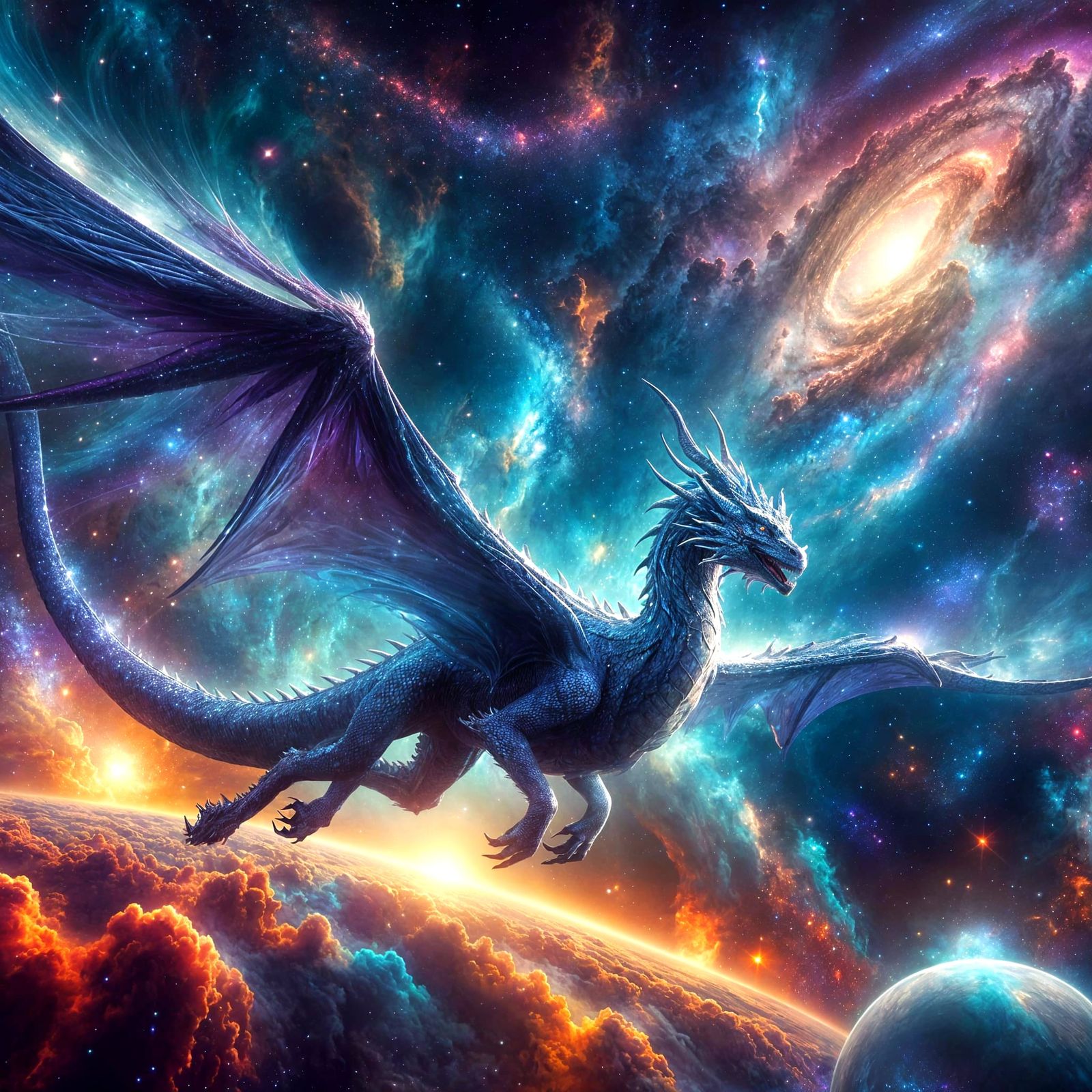 Majestic Dragon Soaring Through Cosmic Nebula
