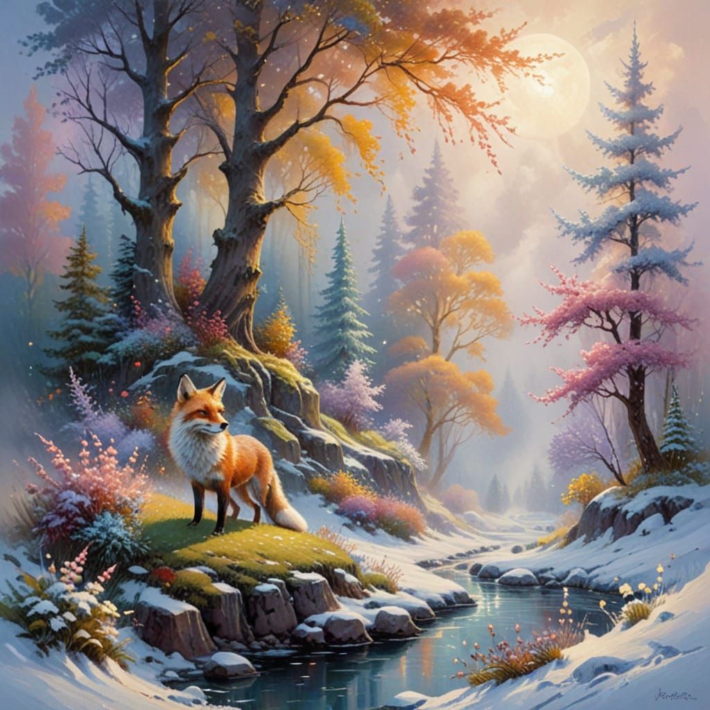 Fox in Moonlit Winter Wonderland, Gouache Impressionist Styl...