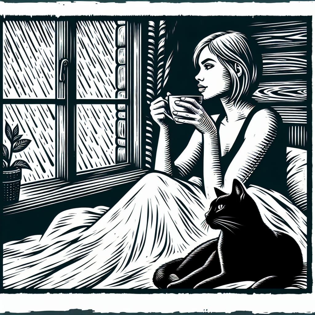 Woman with Coffee and Cat in Linoprint