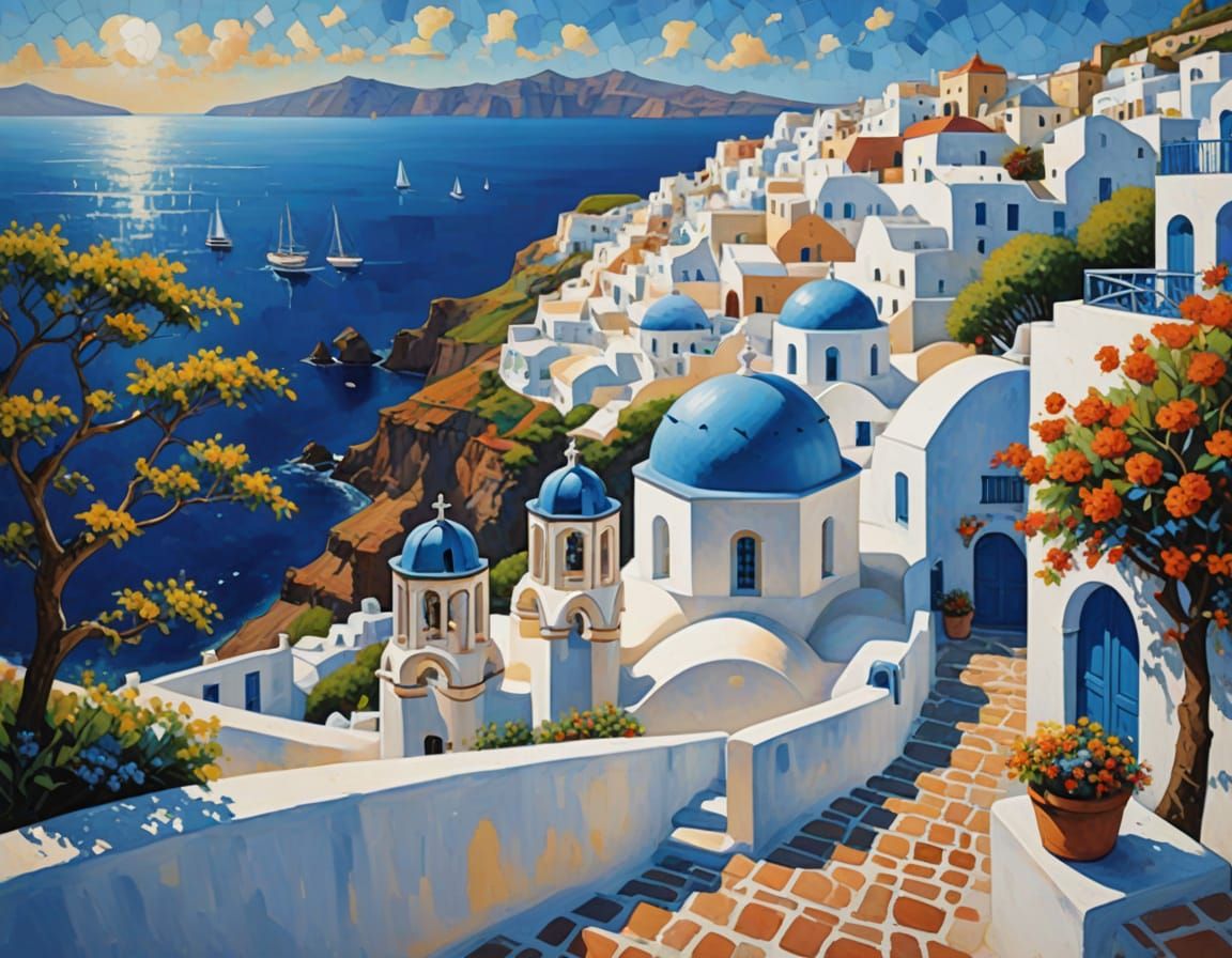 Elegant Santorini Village in Impasto Oil Painting Style