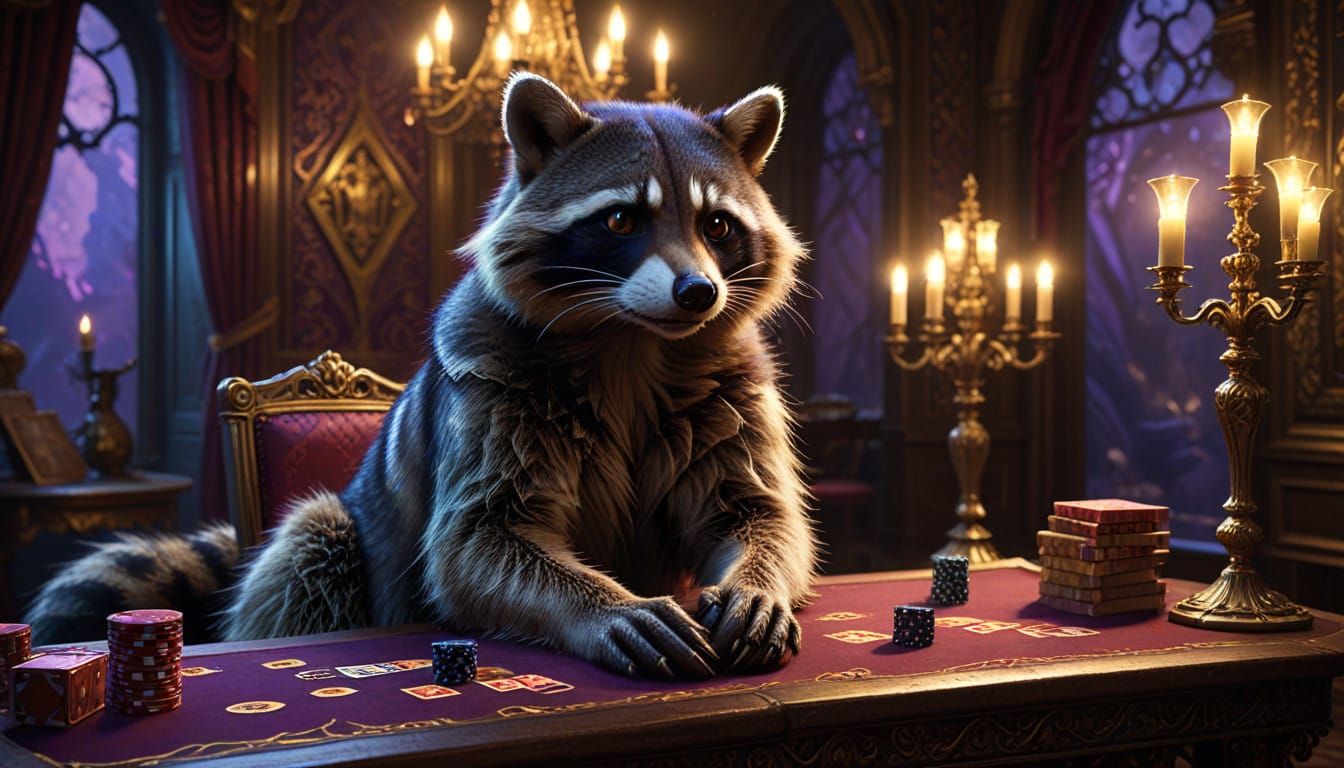 Mysterious Raccoon Gambler in a Dark Fantasy Poker Scene