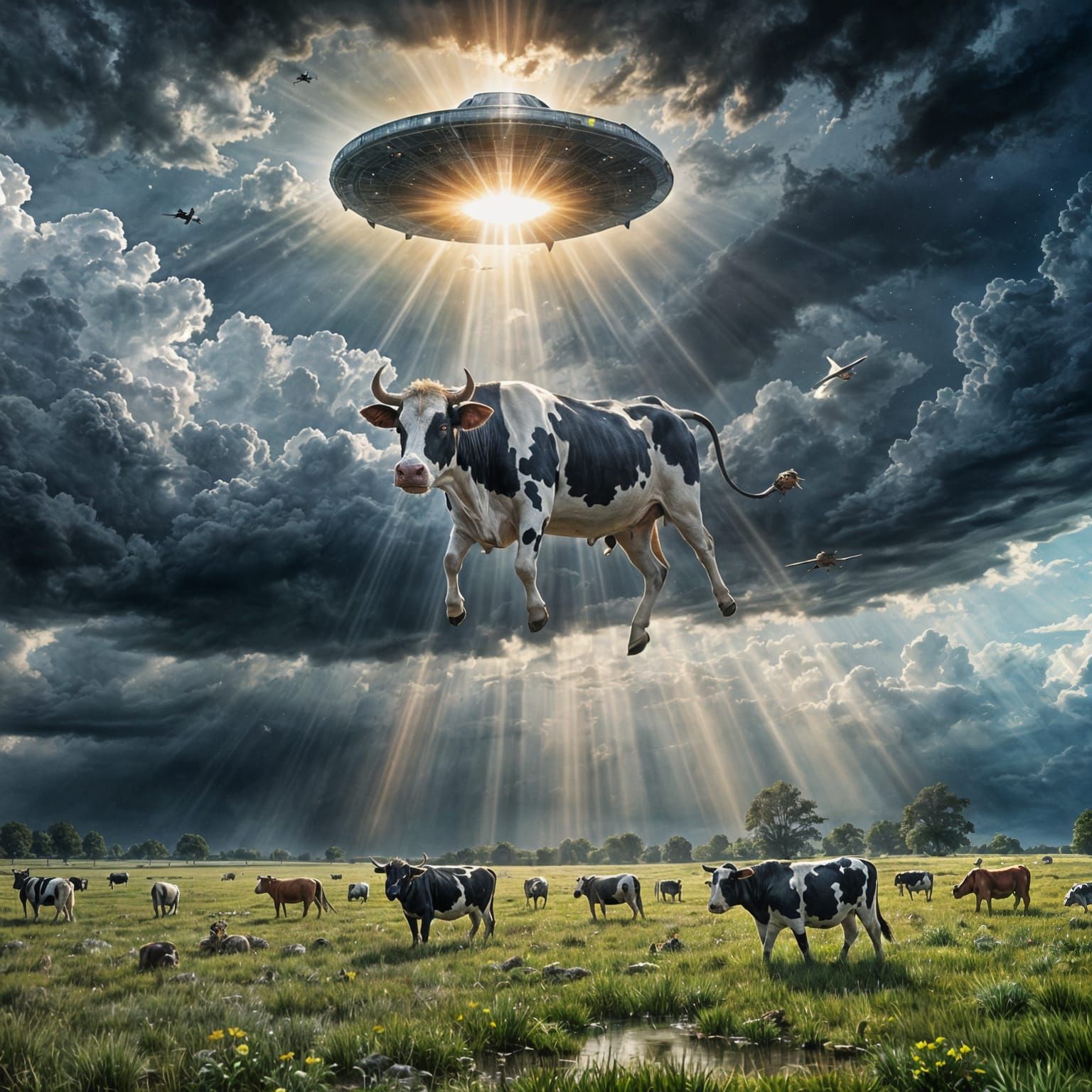 UFO Abduction of Flying Cow in Watercolour