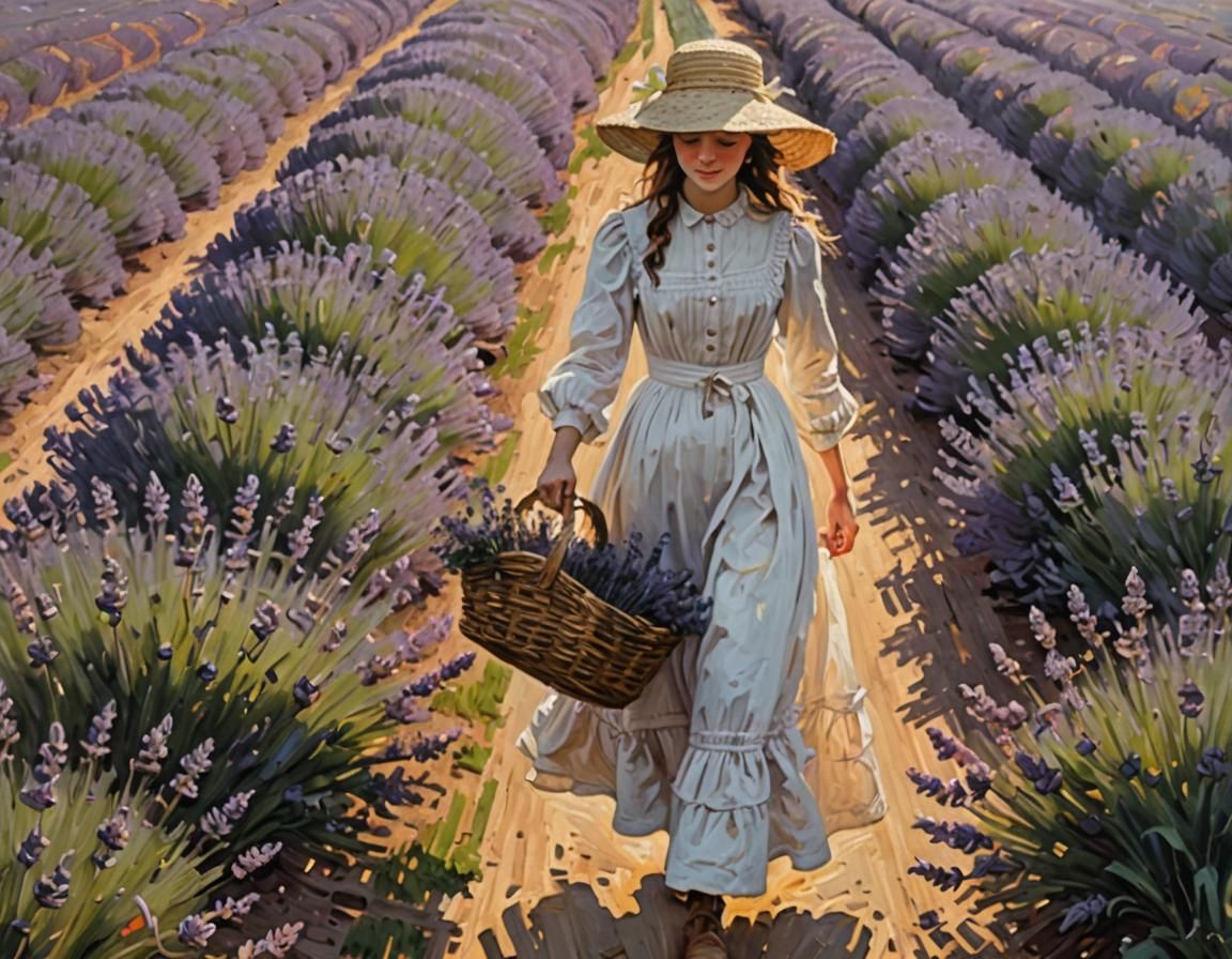 Lavender Field Girl: Impressionistic Oil Painting