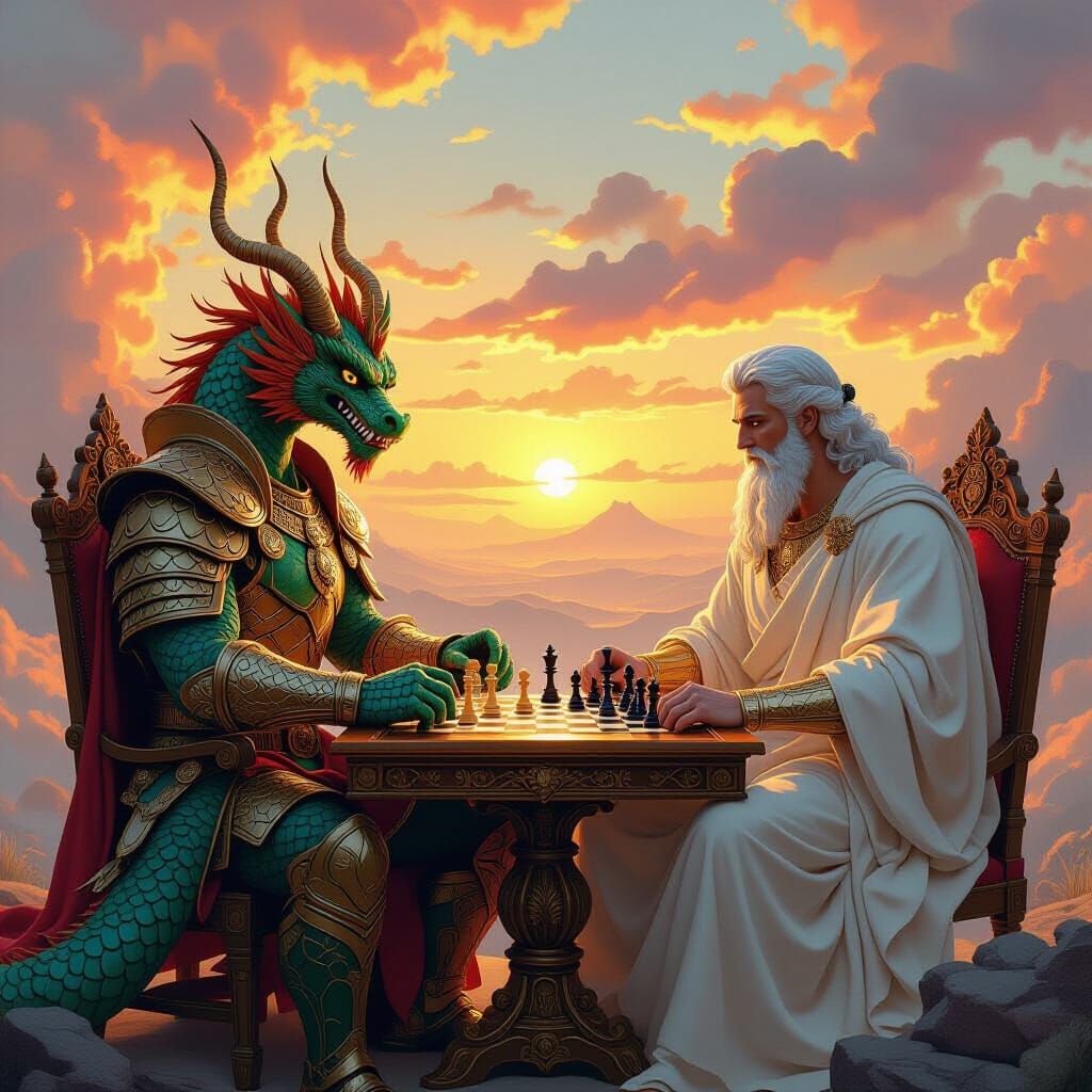 Golden Dragon Plays Chess with Zeus in Dreamlike Watercolor