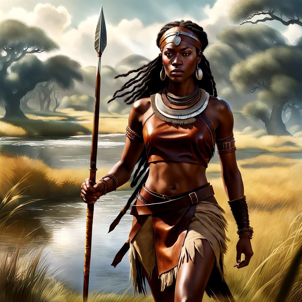 Photorealistic Cavewoman Huntress in Grassy Meadow