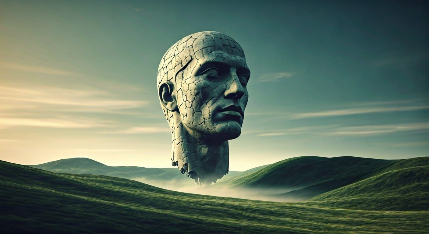 Zardoz Statue Head Drifts Above Dystopian Landscape in Retro...