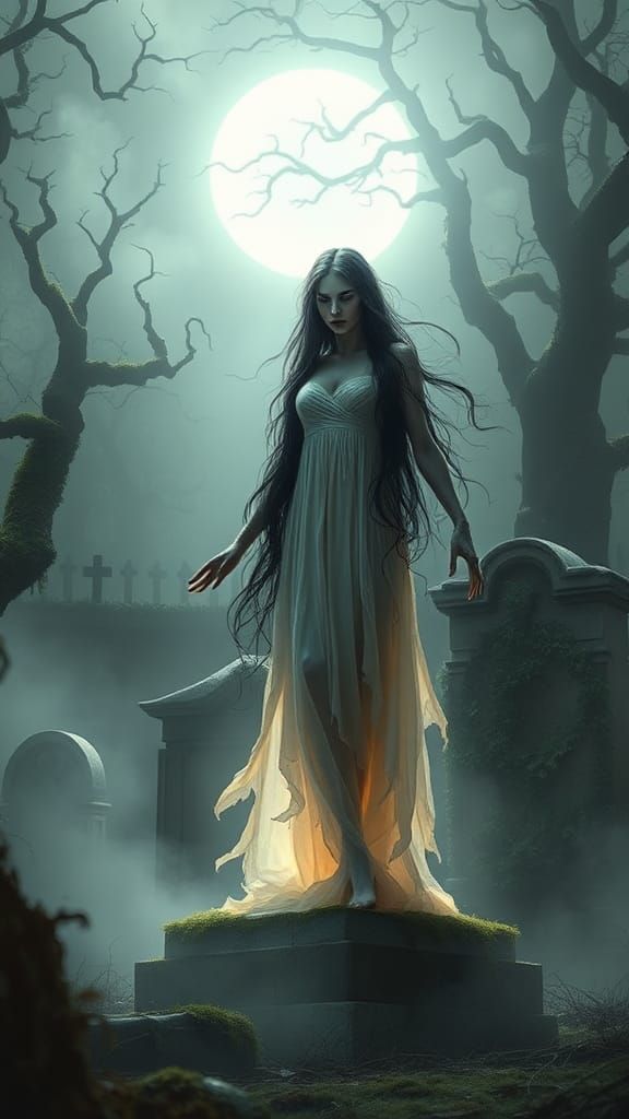 Ethereal Gothic Ghost Woman Rises in a Haunting Cemetery Sce...