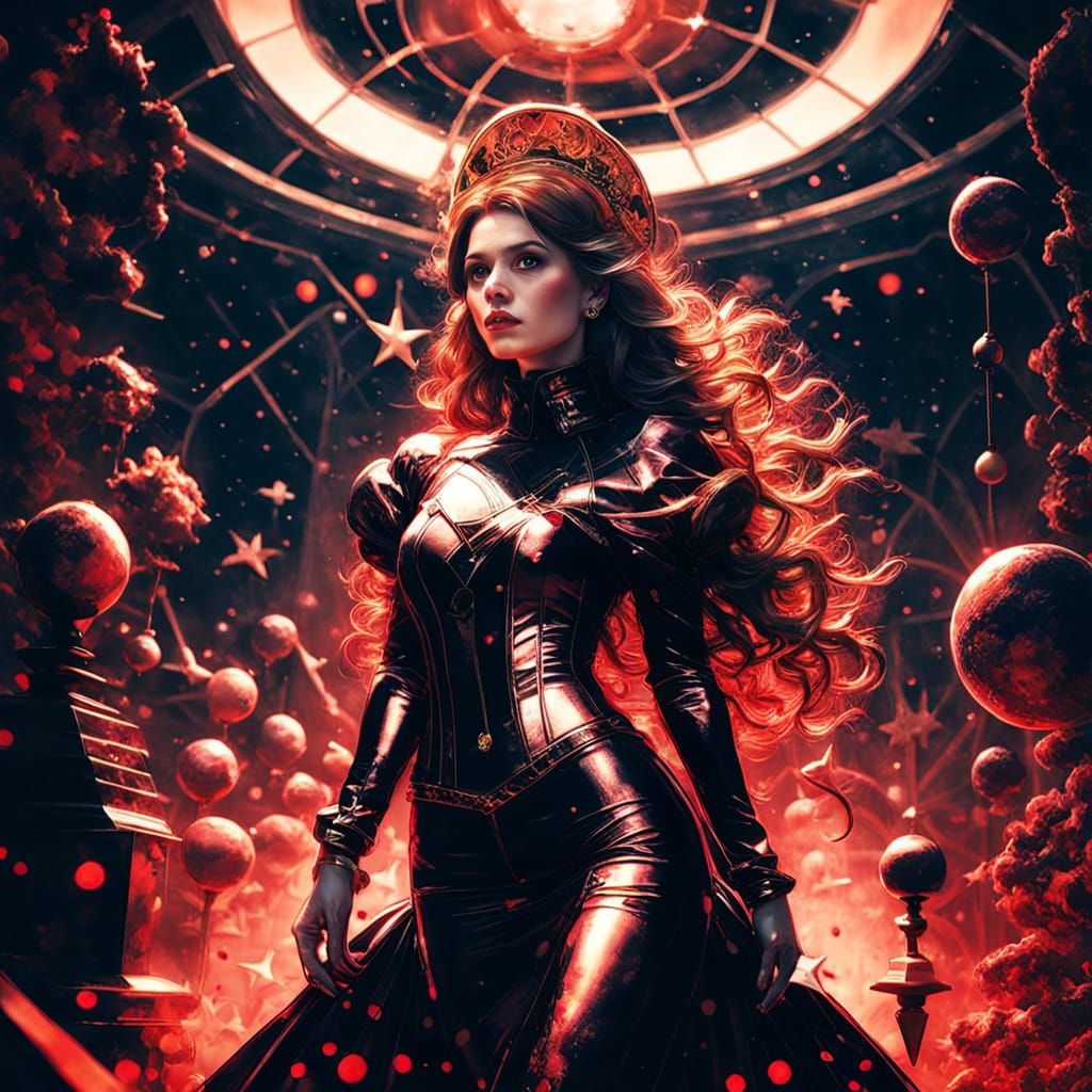 Gothic Mistress in Surreal Celestial Bedroom