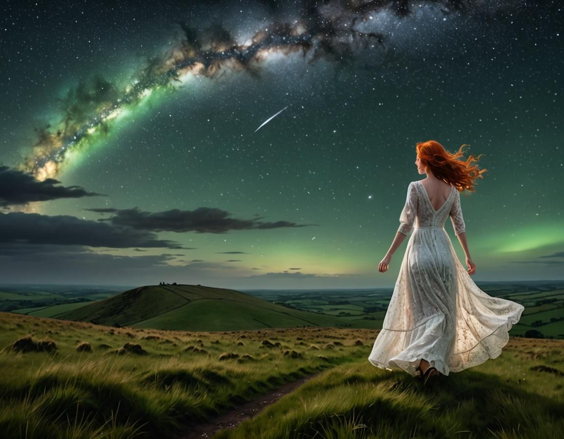Ethereal Woman Under the Stars in Dreamy Landscape